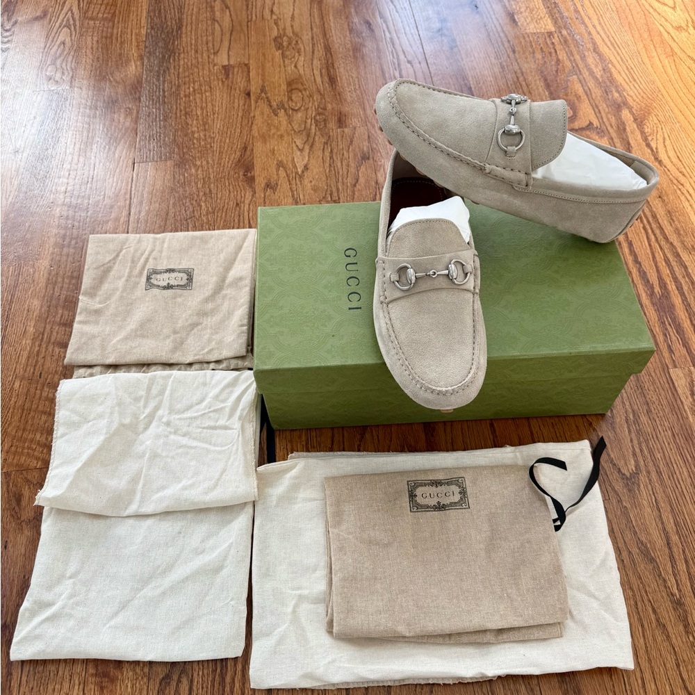 NEW GUCCI HORSEBIT DRIVER LOAFERS SUEDE SLIP ON SHOES OATMEAL G Sz 7 US 8 $749